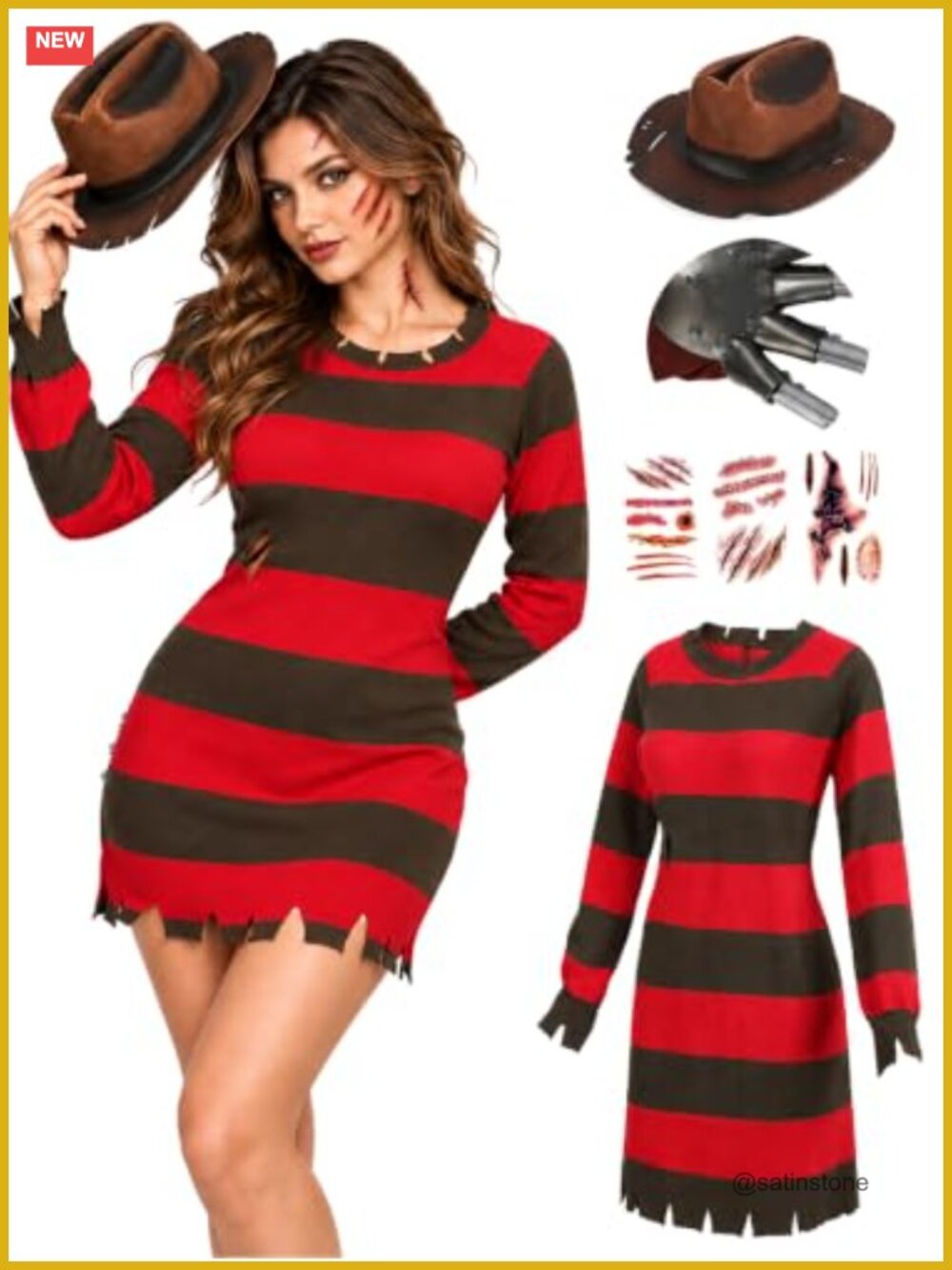 Knitted Striped Sweater Dress Costume Set with Hat Claw Glove